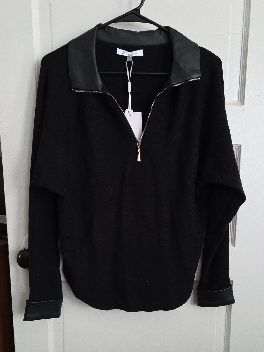 BNWT Sioni Black Pullover with Faux Leather Trim and Gold Zip